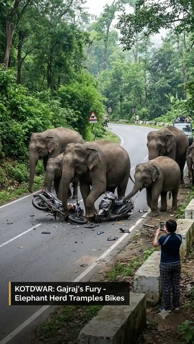 कोटद्वार में गजराज का गुस्सा, हाथियों के झुंड ने बाइक-स्कूटी को रौंदा।